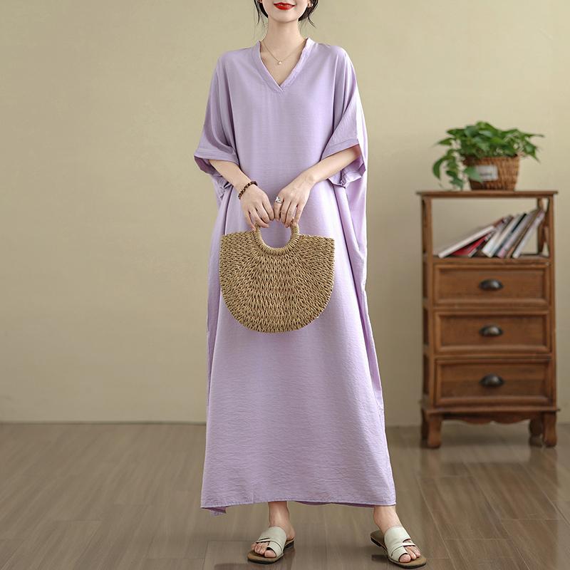 DIMANAF 2025 Women Plus Size Solid Summer Dress Short Sleeve Casual Basic New Dress Loose Long Dress