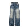 Mens Relaxed Fit Straight Leg Denim Jeans - Washed Vintage Distressed Style Mid-Rise Cotton Blend Loose Wide Casual