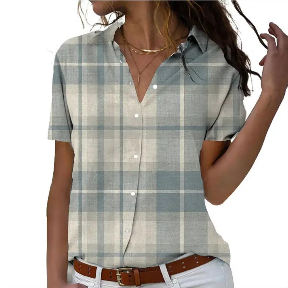 Elegant Women's Short Sleeve Shirts Casual Block Plaid 3D Printed Fashion Turndown Collar Basic Shirts Office Ladies Tops Blouse