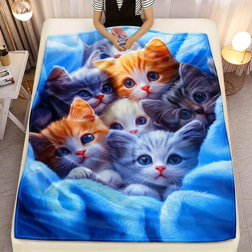 Adorable Kittens HD Print Flannel Blanket  Lightweight Soft AntiPill Cat Lover Sofa Travel Gift