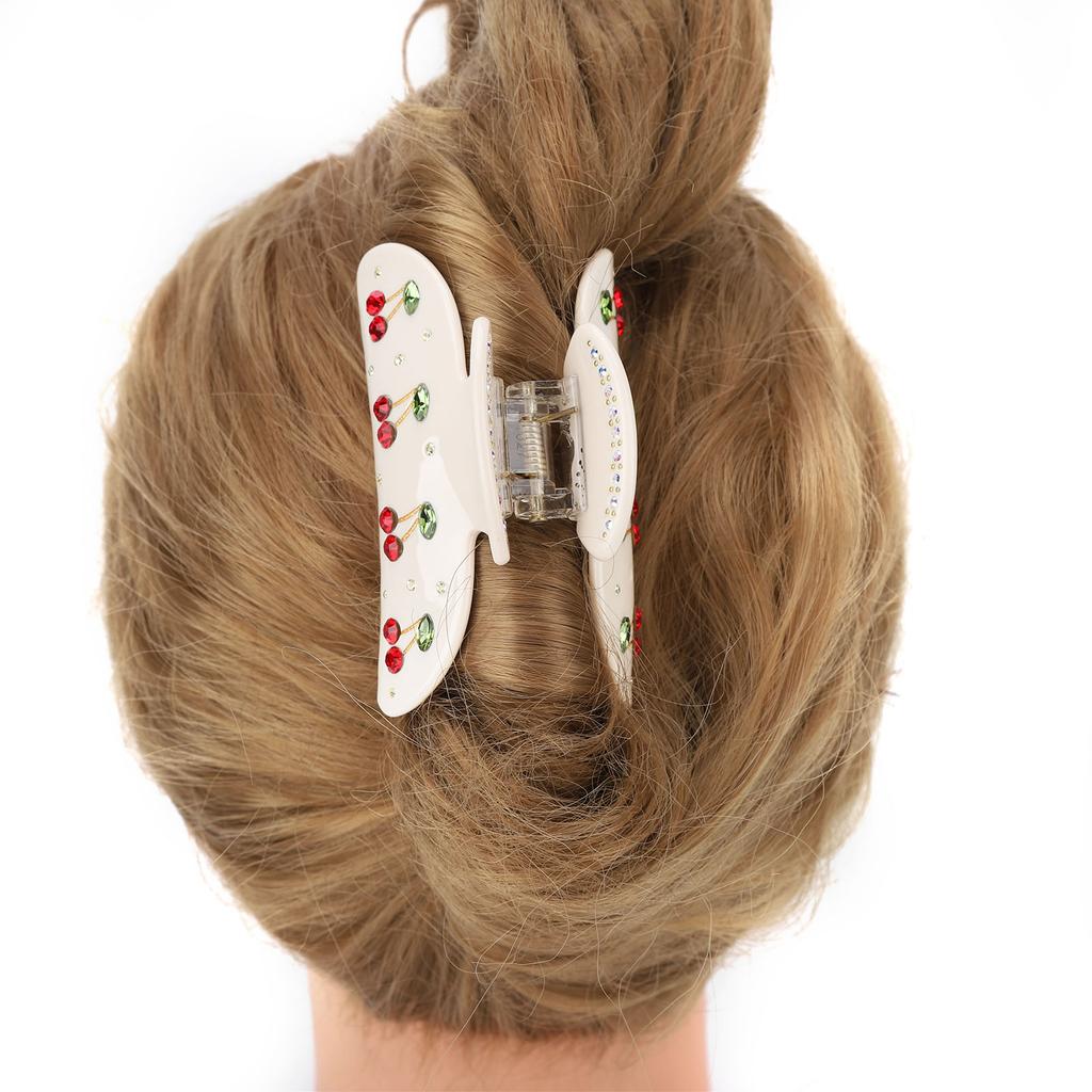 Cherry Pattern Women Girls Acetate Fashionable Rhinestone Hair Clip Hair Accessories for Daily Life Dating Beige