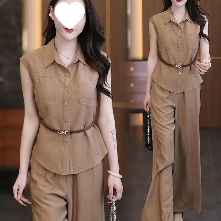 Fashionable Suit for Women in Summer, Stylish, Slimming, Flesh-covering Shirt, Wide-leg Pants, Elegant Two-piece Set