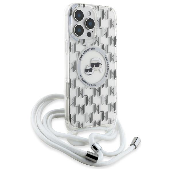 Karl Lagerfeld Klhmp16Lhckcklct Iphone   16 Pro 6.3 Transparent Hardcase Iml Crossbody Monogram Karl & Choupette Head Magsafe