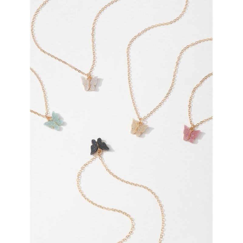 5pcs Fashionable Minimalist Chain Cute Glitter Butterfly Pendant Necklace Set For Women, Versatile Daily Accessory