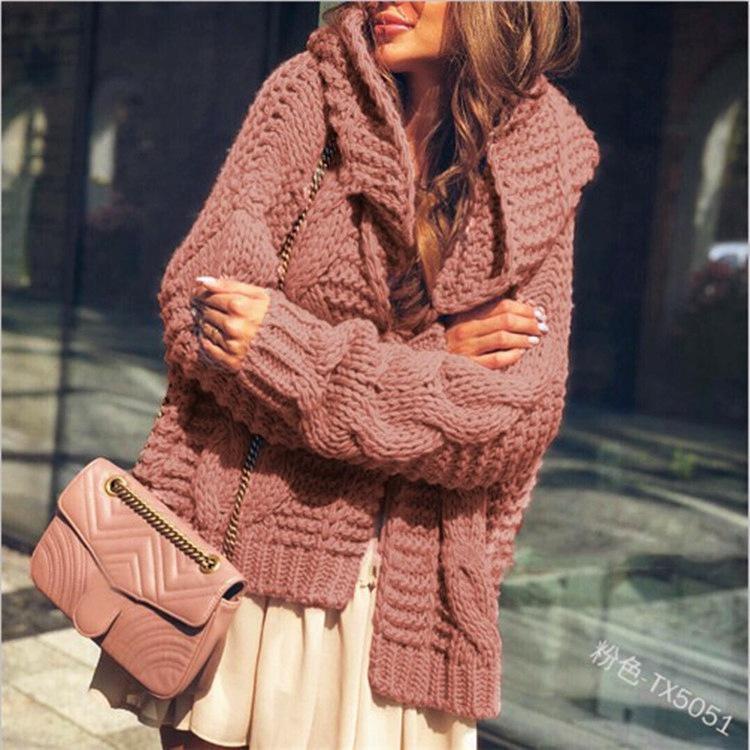 Women's Chunky Cable Knit Cardigan Hat Set - 2025 Autumn/Winter European & American Style Solid Sweater
