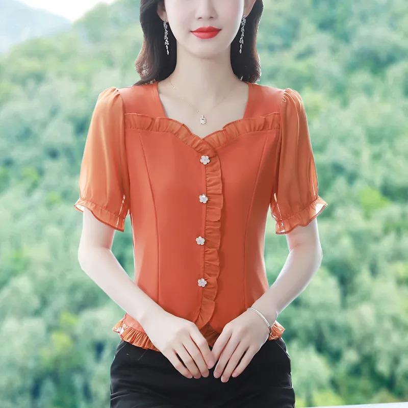 French Square Collar Ruffled Chiffon Top for Women Summer New Style Temperament High-end Versatile Western Style Shirt