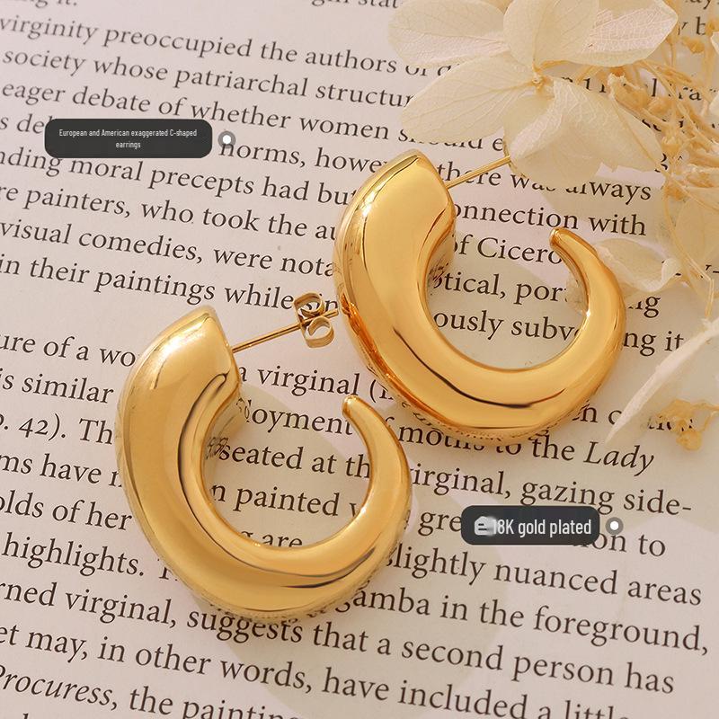 European Winter 18K Gold C-shaped Geometric Ear Cuff Earrings for Women, Titanium Steel Ear Jewelry