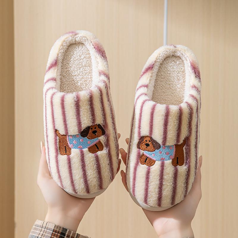 Fashion Women Indoor Cotton Slippers Cute Cartoon Dog Winter Warm Shoes Woman Men Home Slipper Anti-slip Couples House Floor Slides