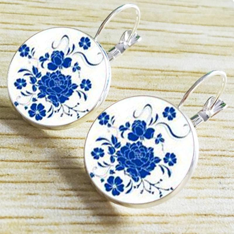 Vintage Mandala Flower Earrings Ethnic Blue And White Porcelain Glass Dome Earrings For Women