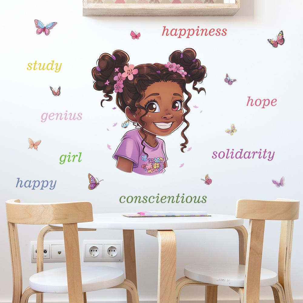 Tecknad Söt Liten Flicka Väggdekal Inspirerande Engelska Citat Motiverande Slogan Barnrum Sovrum Dekor Hemma Bakgrundsdekoration