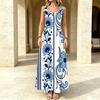 Women's Summer Vacation Maxi Dress Blue White Floral Lightweight Sleeveless Tummy Control Flowy Full Skirt,Versatile for Casual Daily & Summer Outing