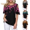 Damen T-Shirt Rundhalsausschnitt Kalte Schulter Kurzarm T-Shirt Lockere Passform Blumendruck Lässiges T-Shirt Für Den Alltag