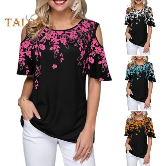 Damen T-Shirt Rundhalsausschnitt Kalte Schulter Kurzarm T-Shirt Lockere Passform Blumendruck Lässiges T-Shirt Für Den Alltag