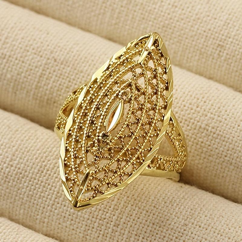 Huitan Marquise Shaped Women Gold Color Ring Hollow Design Noble Accessories for Party Daily Charming Wedding Metal Lady Jewelry