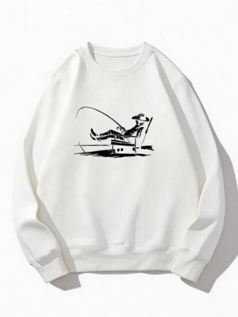 Spring Fall Casual Sweatshirt, Vintage Lazy Fisherman Graphic Print Soft Loose Crew Neck Pullover for Men Street Daily Outdoor Wear