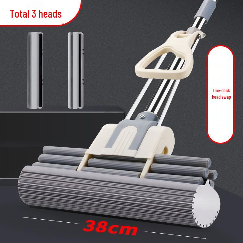 38cm Dual-Use Sponge Mop: Wet/Dry, Wash-Free, Easy Hand Operation