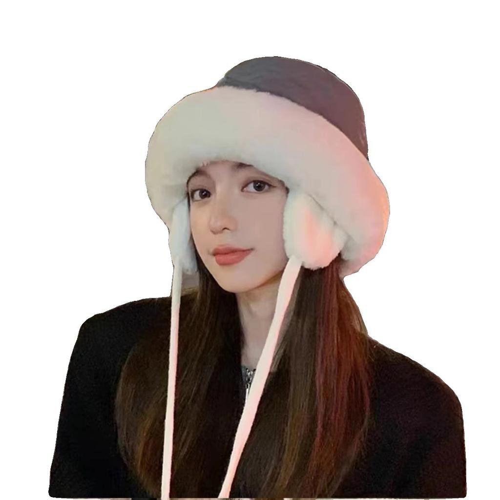 Hat Female Autumn and Winter Warm Ear Protector Basin Hat Cute Cold Hat Bucket Hat Down Thickened Windproof Cotton Hat