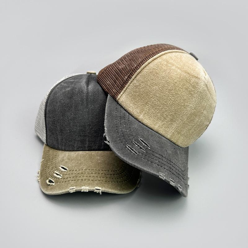 Contrasting Color Washed Mesh Baseball Cap Men'S And Women'S Sunshade Retro Breathable Hole Wind Truck Hat
