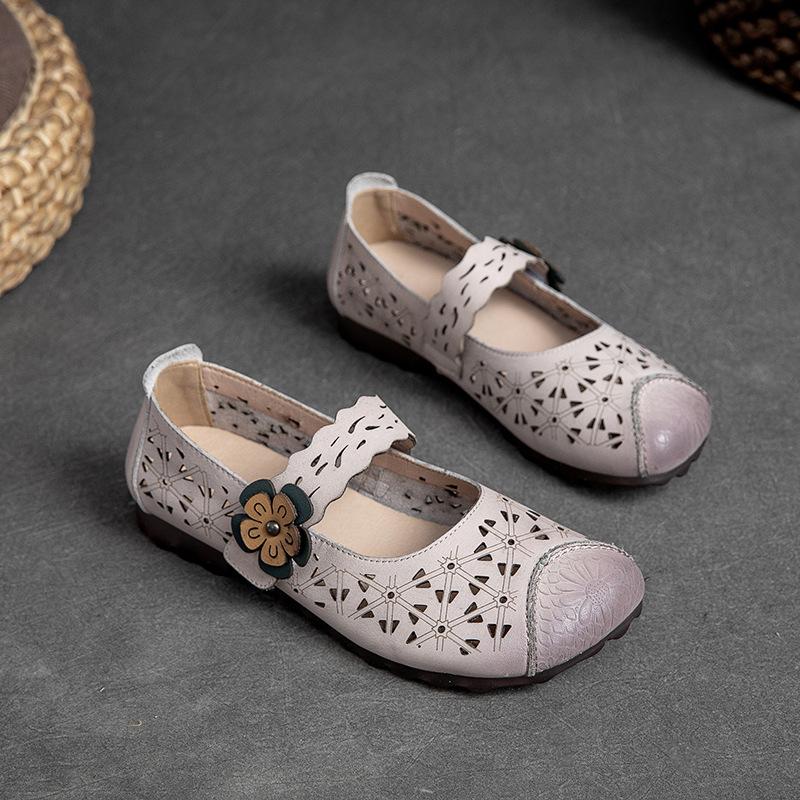 Johnature Sandali piatti con suola cava in vera pelle, retrò, versatili, scarpe da donna con suola morbida