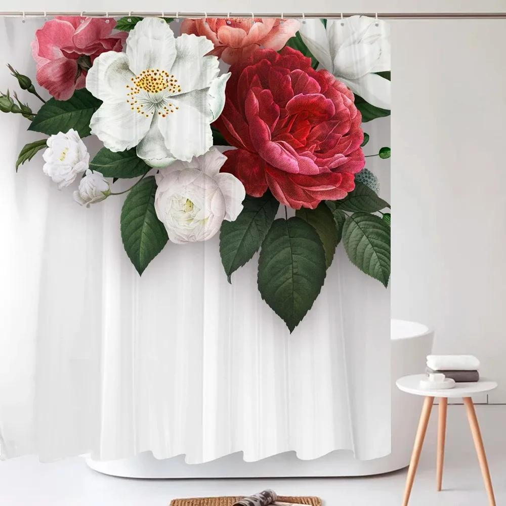 1Pcs Elegant Rose Flower Printed Fabric Waterproof Shower Curtain, Romantic and Fashionable Rose Bathroom Decoration, with Hooks