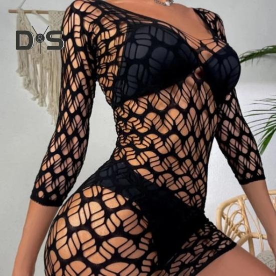 Women Summer Beach Cover up Hollow Out Long Sleeves Slim Fit Low cut V Neck Backless See through Bikini Beach Mini Dress Beach Mock