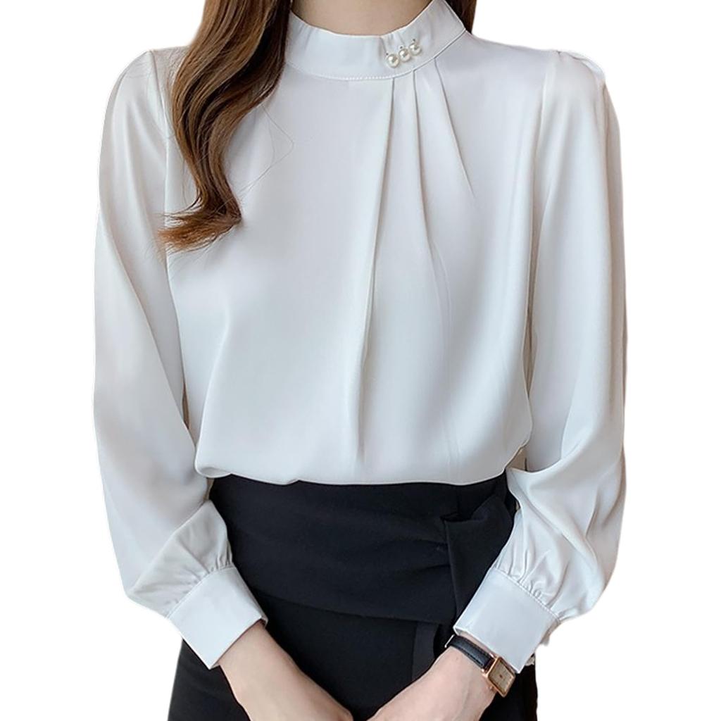 Chiffon Long Solid Office Casual XL [7-livehouse] Women's Blouse, Sleeve, Stand-Up Collar, Pearl-Effect, Stylish, Color, Cute, Wear, Wear, Dates,