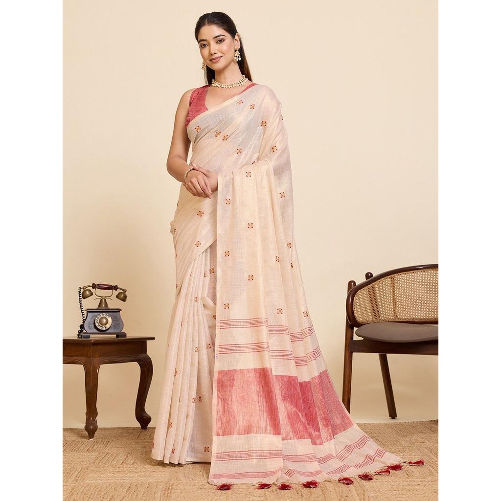 Premium Linen Silk Embroidered Saree with Elegant Latkan Detailing