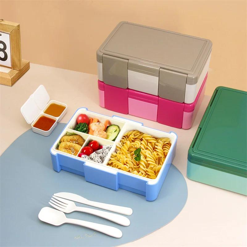 1450ml Bento Box Tragbare 4-Fächer Versiegelte Lunchbox mit Löffel Gabel Mikrowellenheizung Bento Box Kinder Lebensmittel Bento Behälter