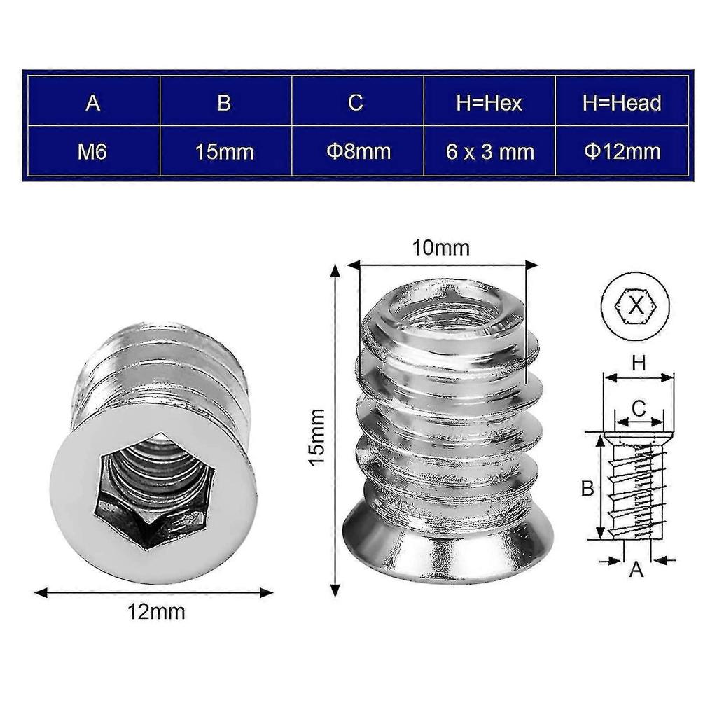 100pcs Wood Threaded Insert Hex Nut M6 X 15mm Zinc Alloy Screw Insert Threaded Socket Head Screw M6 Wood Insert For Furniture Chairs Wooden Beds