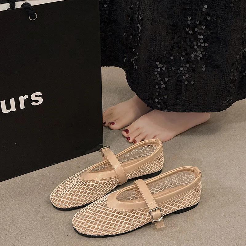 Mode Sexy Damen Sandalen Mode Mesh Ballett Mary Jane Schuhe Damen Sommer Walking Runde Zehe Schnalle Flache Sandalen Damen Zapatos De Mujer