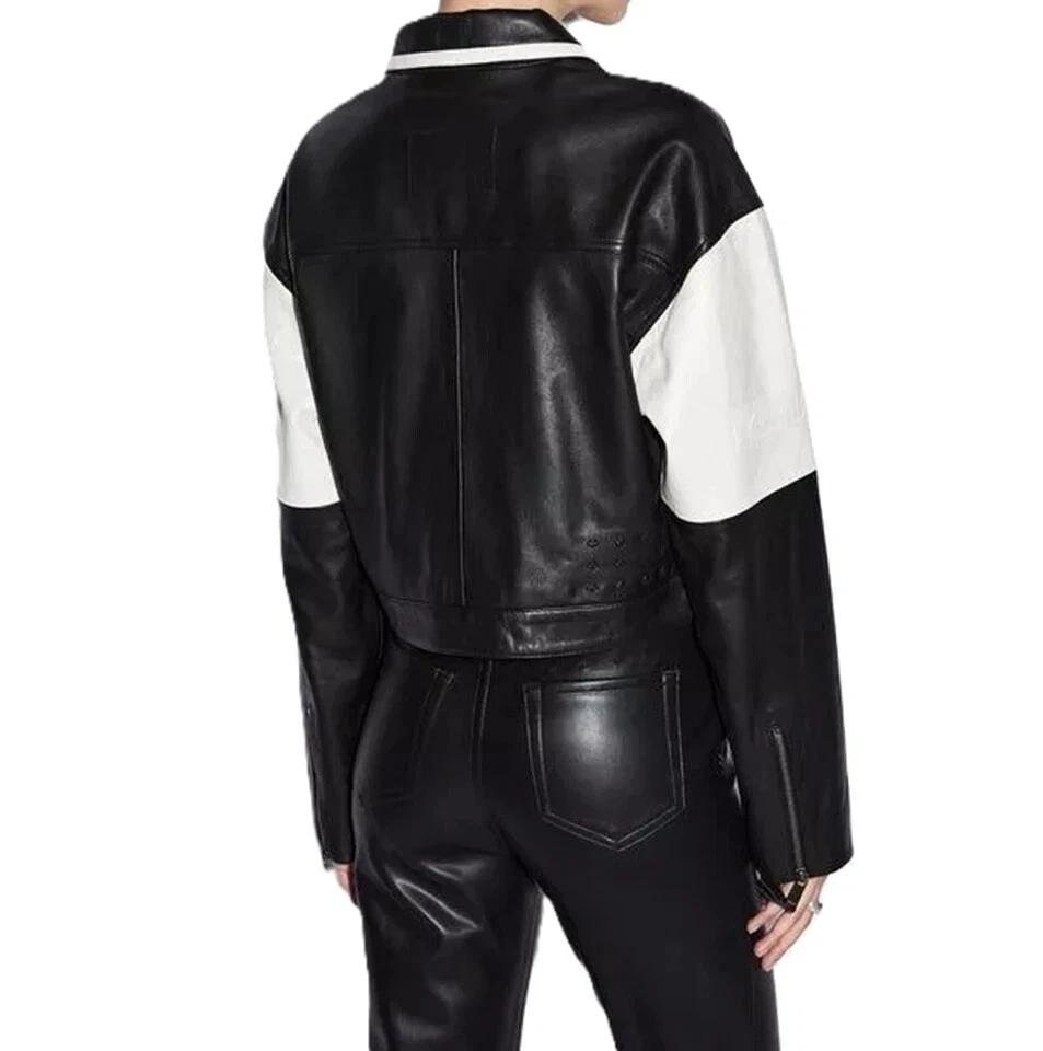 Stilvolle Damenjacke im lässigen Schnitt, kurz, schwarz-weißes Leder, handgefertigt aus weichem Lammleder