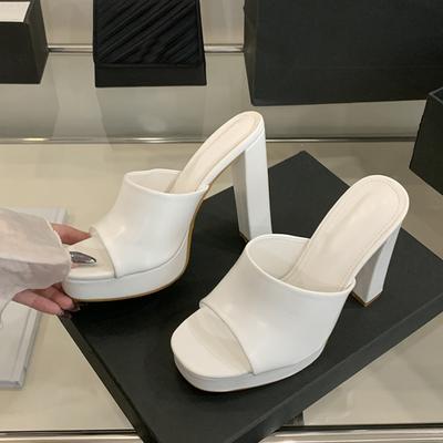 Fashion Liyke Sommer Bequeme PU Leder Damen 12CM Hausschuhe Dicke Sohle Quadratische Zehenpartie Plateau Hohe Absätze Damenschuhe Sandalen Schwarz Weiß