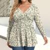 Women's Plus Size Shirt Long Sleeve  Print Top Pleated Casual V-Neck Top
