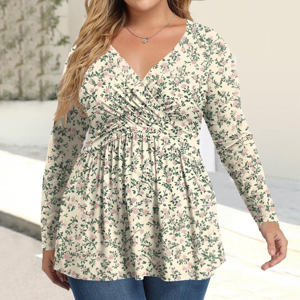 Women's Plus Size Shirt Long Sleeve  Print Top Pleated Casual V-Neck Top