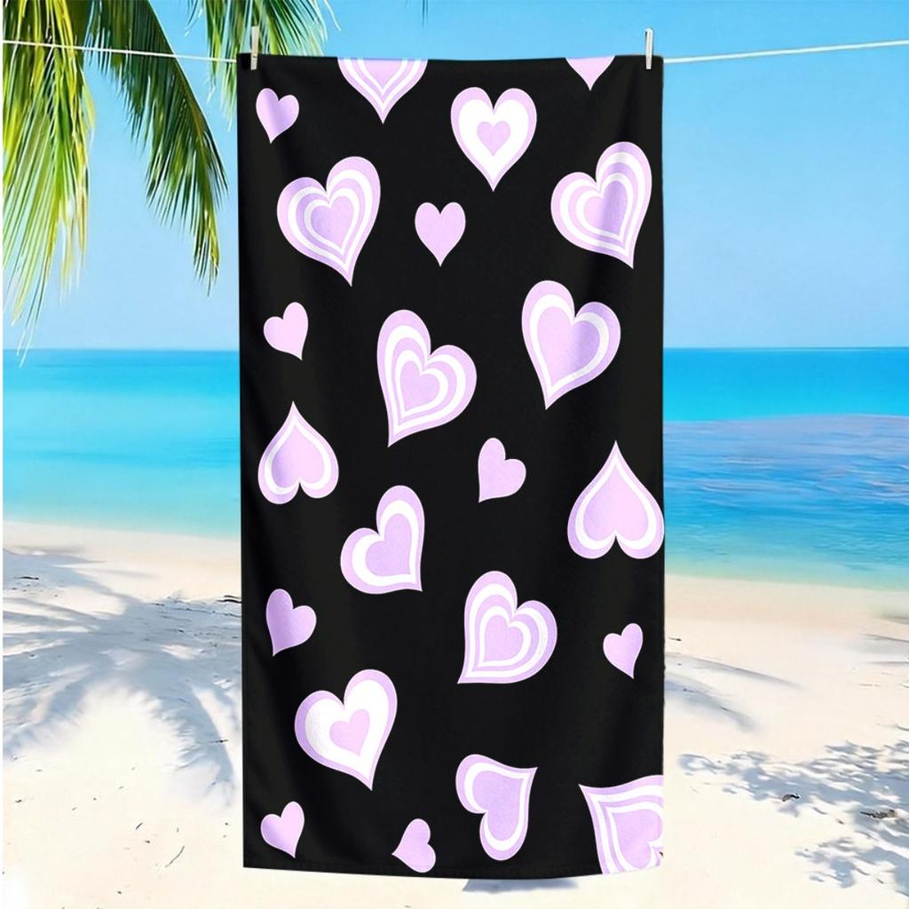 Microfiber Beach Towel Waterproof Sandproof 2D Flat Printed Pink Heart Pattern Black Background Summer Vacation Pool Blanket