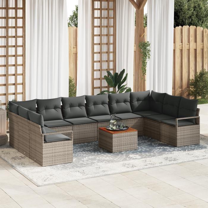 Ensemble Canapé de Jardin de 11 Pièces avec Coussins en Poly Rattan Gris, Canapé de Jardin 2 Places avec Coussins en Poly 3347755