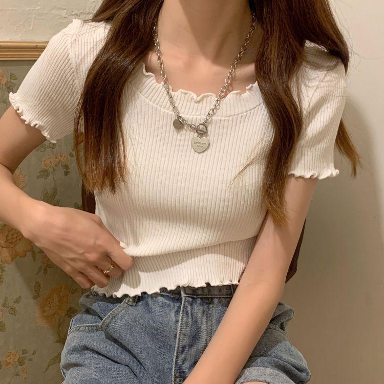 Ice Silk Short Sleeved T-shirt for Women In Summer Slim Fit and Slimming Short Top with Mushroom Edge Design Fashionable and Versatile Knit Shirt