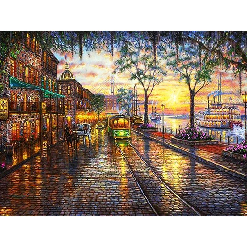 Broderie cu Diamante Peisaj Urban Pictură cu Diamante Mozaic Pătrat Complet Rotund Peisaj Burghiu Stras Imagine Artă