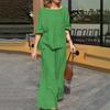 2Pcs/Set Women Casual Outfit O-neck Long Sleeve Tops Elastic Waist Wide Leg Long Pants Set Solid Color Loungewear