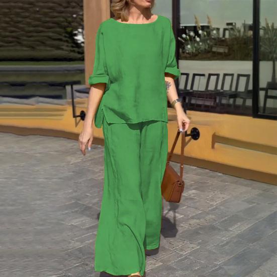 2Pcs/Set Women Casual Outfit O-neck Long Sleeve Tops Elastic Waist Wide Leg Long Pants Set Solid Color Loungewear