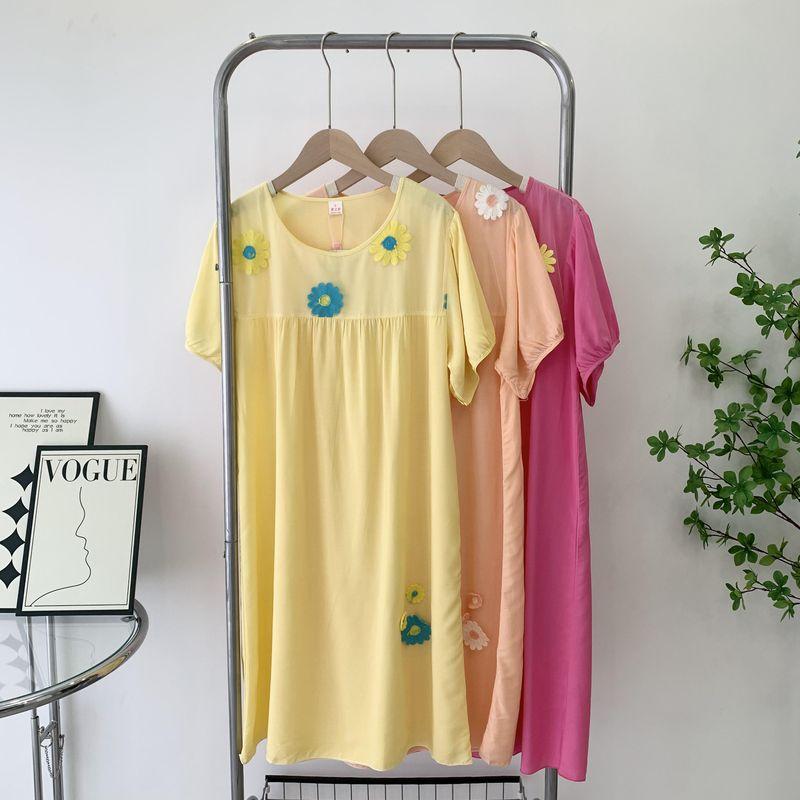 Youth Artificial Cotton Nightdress Women's Summer Sweet Student Short Sleeve Round Neck Pajamas Women's Loose Girl Homewear Night Dress Thin