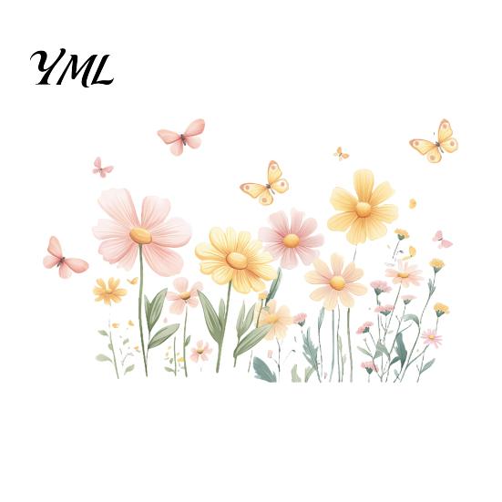 Removable Butterfly Wall Decals 2Pcs Watercolor Flowers Sticker, PVC Waterproof Floral Decal with Butterflies, Flower Stickers for Girls Room