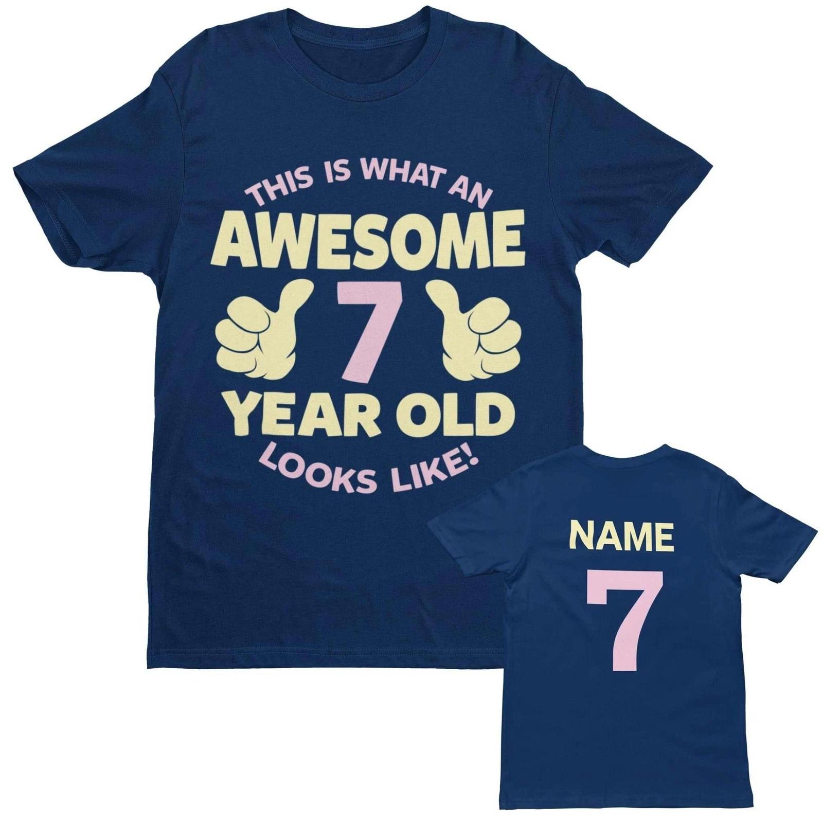 PERSONALISED Girls 7th Birthday T Shirt Awesome 7 Year Old Name & Age On Back XL