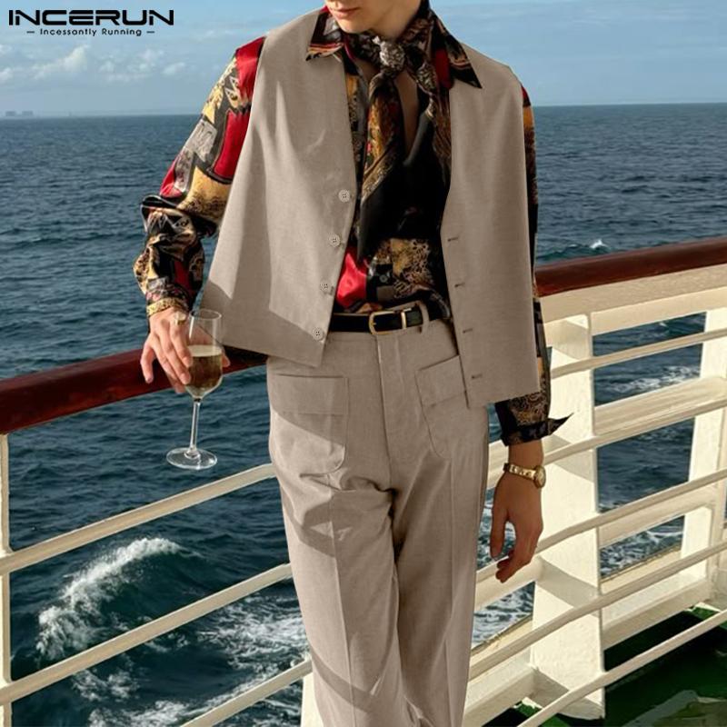 INCERUN Men Sleeveless V Neck Buttons Up Waistcoat and Long Pants Outfits Sets