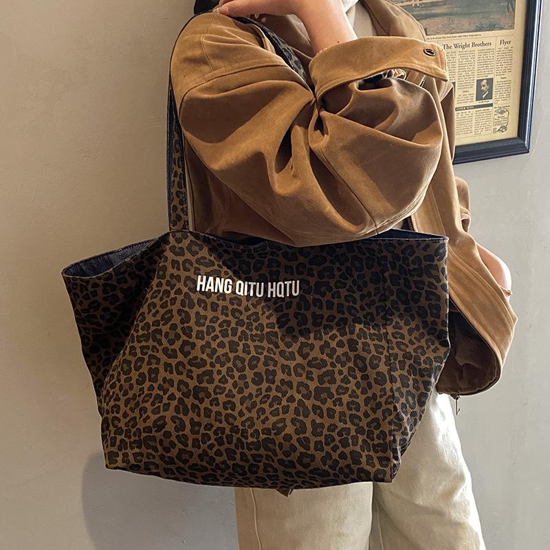 Korean Double-sided Leopard Print Canvas Bag Women's New Denim Casual Lazy Style Shoulder Bag Large-capacity Commuter Tote Bag