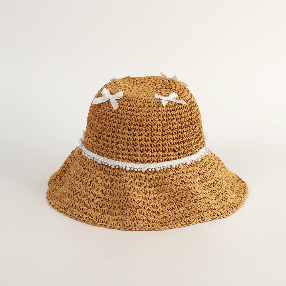 Pearl straw hat summer travel sunscreen sunshade bucket hat new straw seaside vacation net red hat