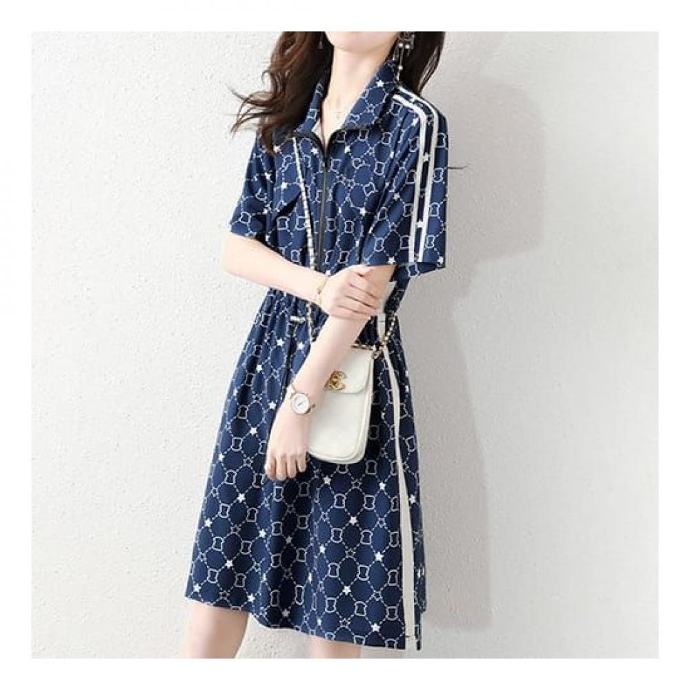 Navava No800 Waist String Zip Collar Short Sleeve Dress