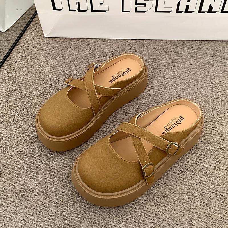 

Fashion Women s Thick Bottom Baotou Slippers Spring New Round Head Shallow Mouth Belt Buckle Non-slip Flat Shoes 35 светло-коричневого