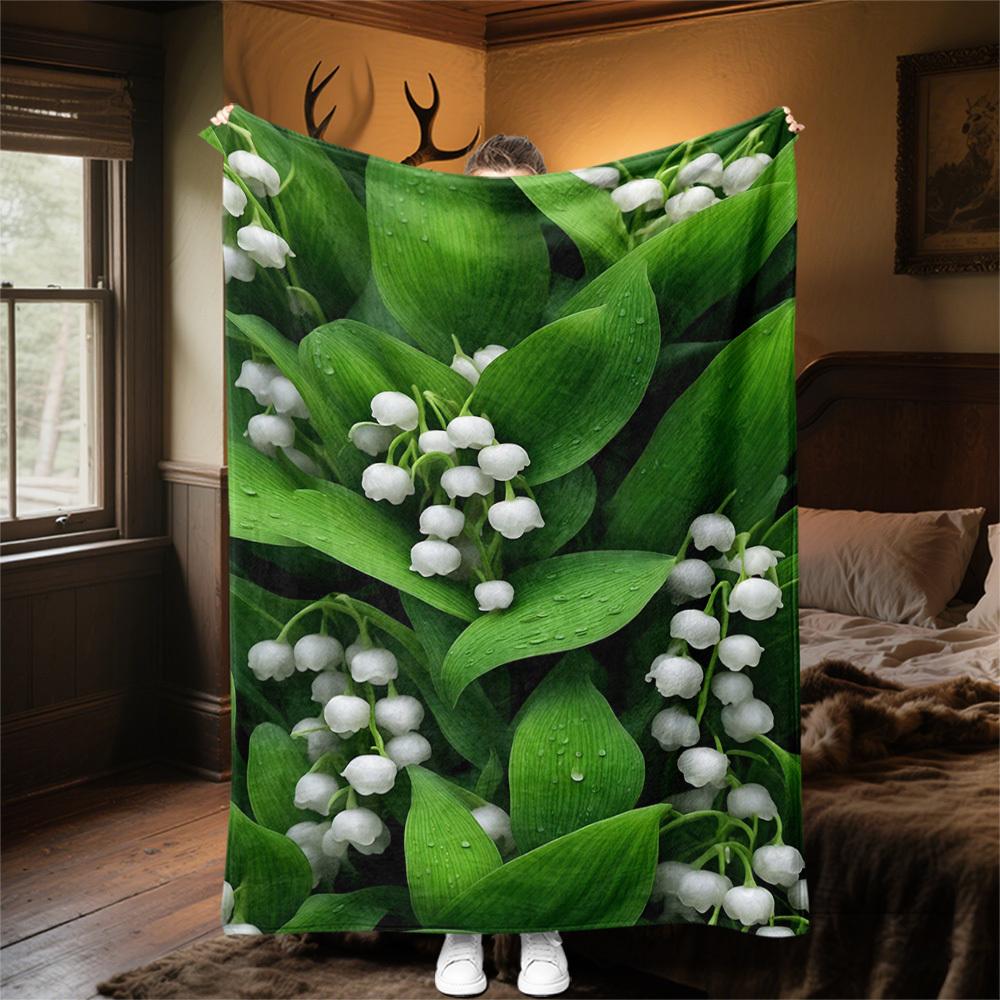 1PC Lily of the ValleyOutdoor Flannel Blanket - Soft Plush Decor for Picnics, Camping, Bedroom, Playroom, Office, or Lunch Break 1284A