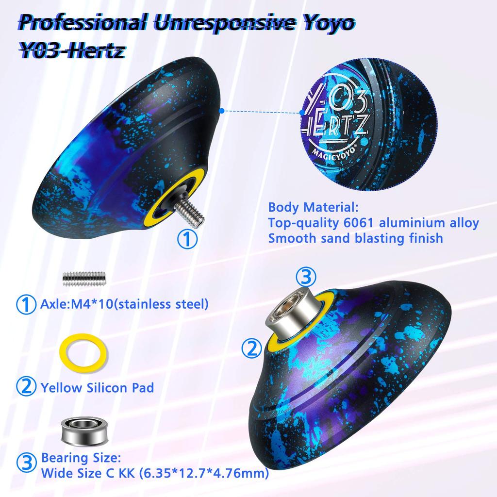 Professional Yo-Yo Y03-Hertz Yo-Yo Ball for Intermediate To Advanced Players + 5 Spare Yo-Yo Strings + Yo-Yo Holder + Gloves (3 Acid Colors)